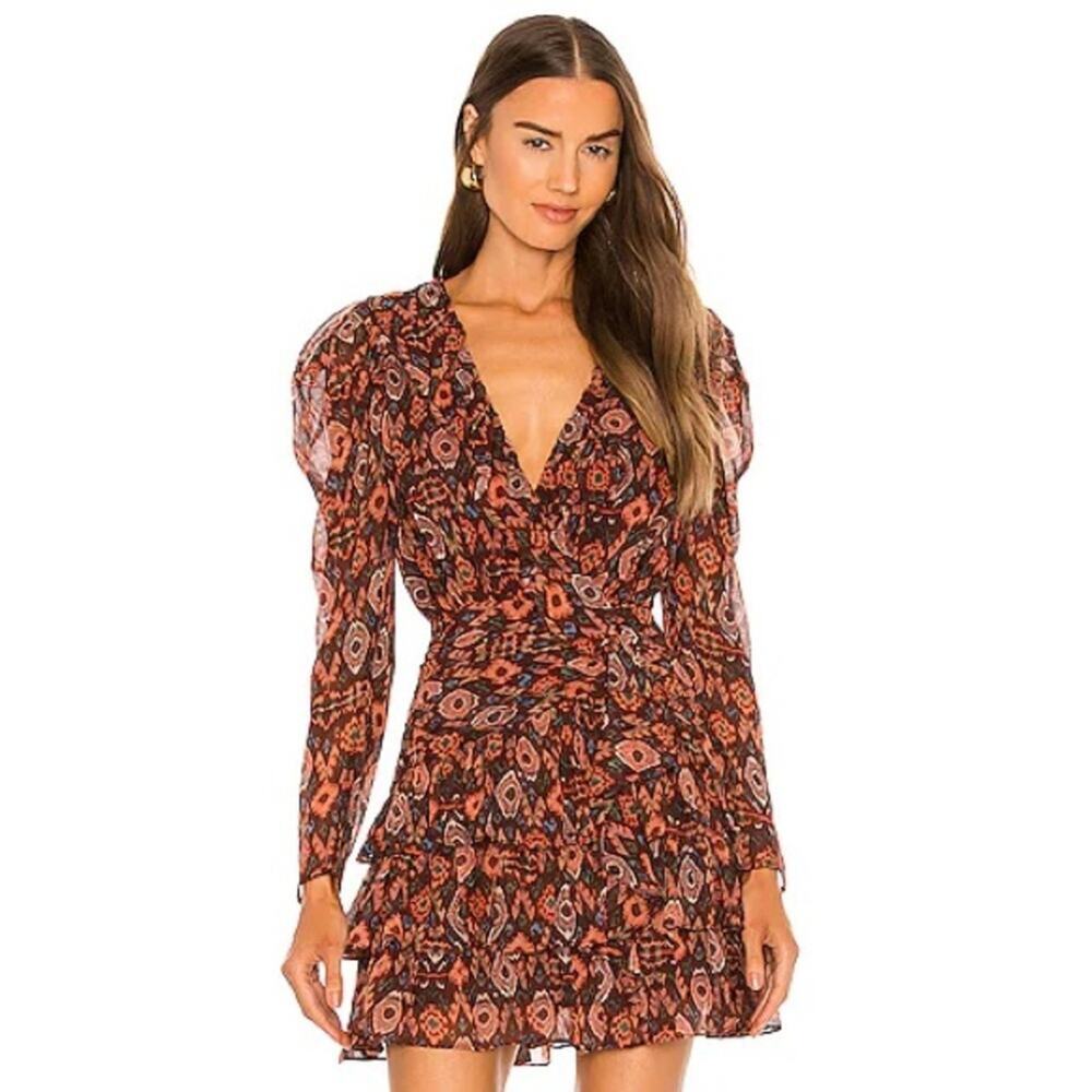 Ulla Johnson Esila Long Sleeve Mini Dress Geometric Ruffle Garnet 100% Silk 6